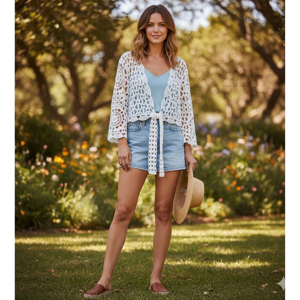 House of Harlow 1960 Crochet Tie-Front Cardigan White NWT One Size Boho